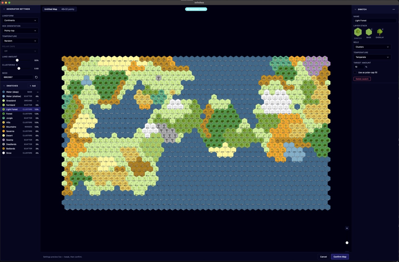 Infinihex generator: rolling a random world from swatches